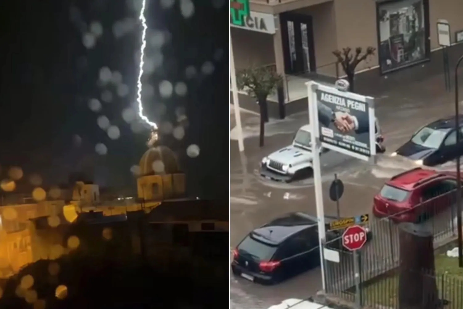 Bomba d’acqua nel Napoletano, strade allagate e auto galleggianti: a Ischia un fulmine danneggia la cupola della chiesa seicentesca